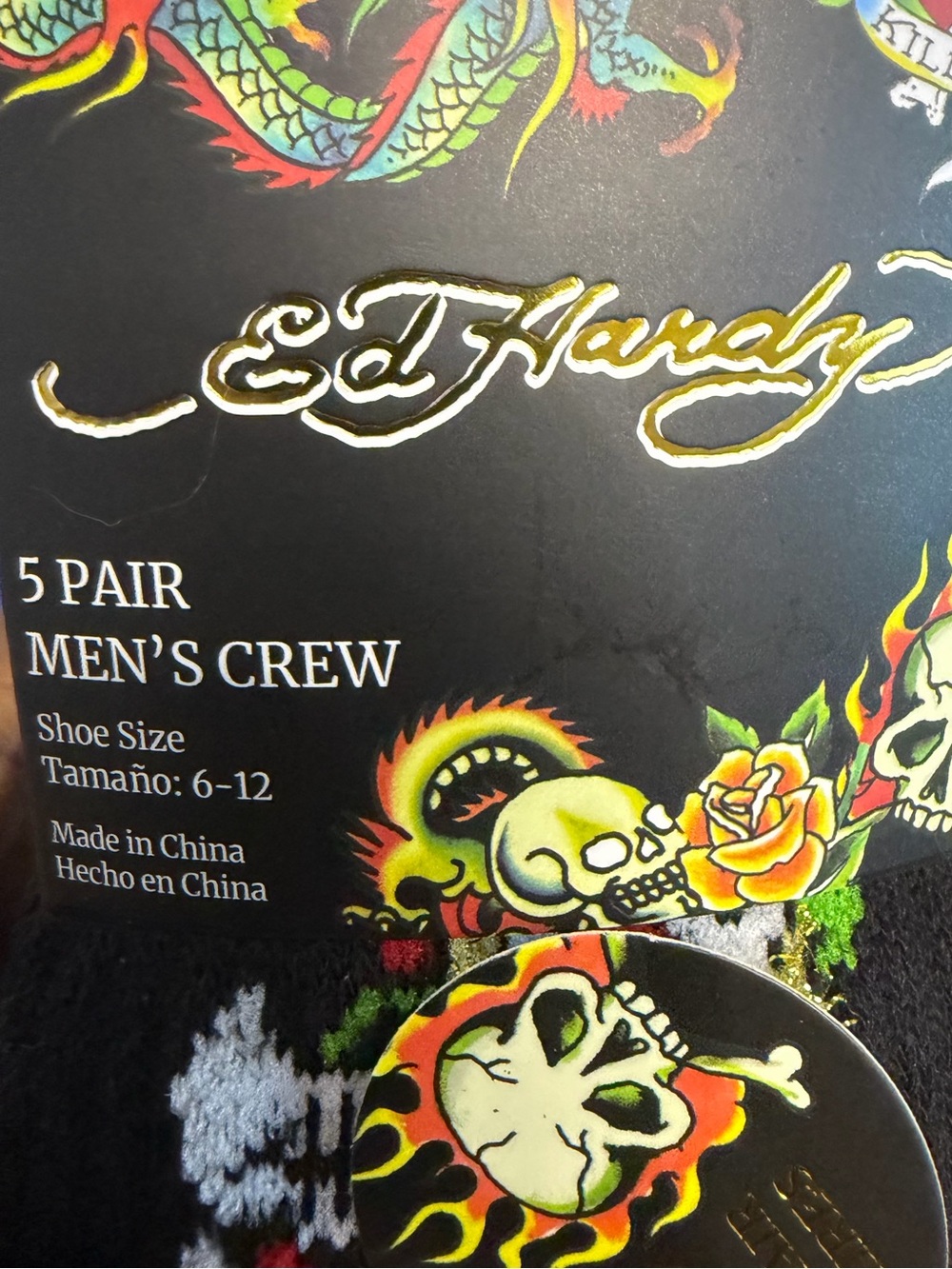 Ed Hardy 5 Pack Crew Socks - Multicolor Tattoo Skull & Rose Artwork